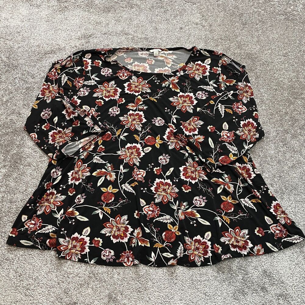 Cato Plus Top Blouse Shirt Womens 26/28W Black Floral Long Ladder Sleeve Soft